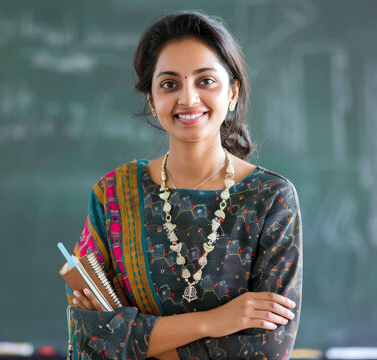 Teacher confidently using a laptop in the classroom